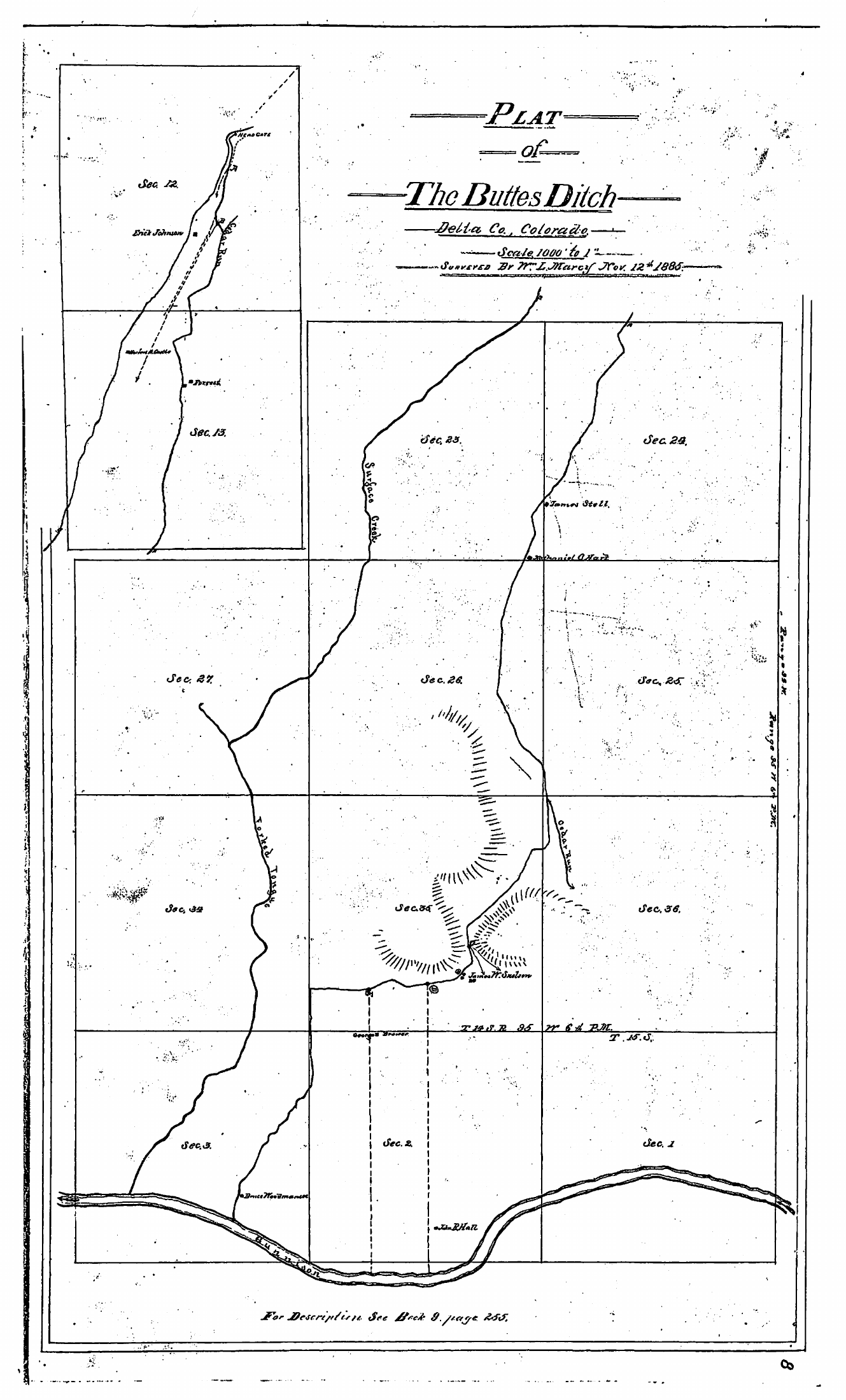 Historical plat of the Buttes Ditch in Delta County, Colorado, showing the ditch route, Surface Creek, section boundaries and landowner labels.